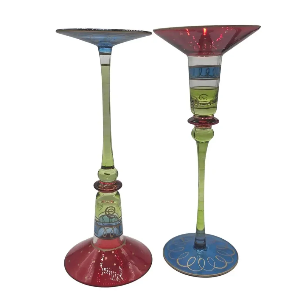 Pier 1 Imports Art Glass Candlestick Hand Painted Red Green Blue Gold Scroll VTG
